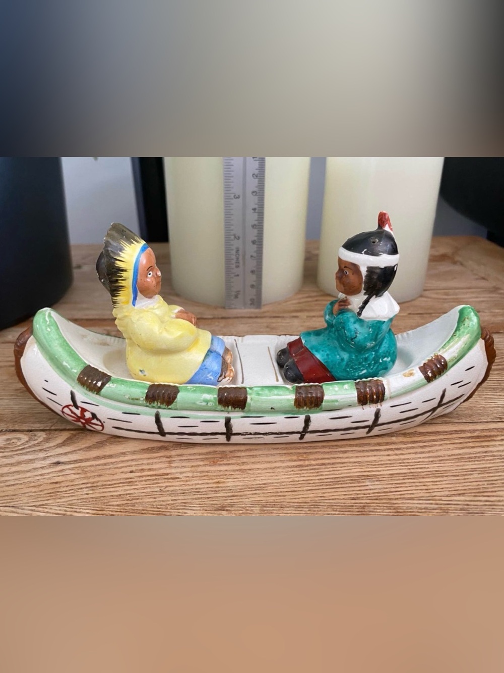 Vintage Japan Ceramic Native American Indian Canoe Salt and Pepper Shaker 3pc